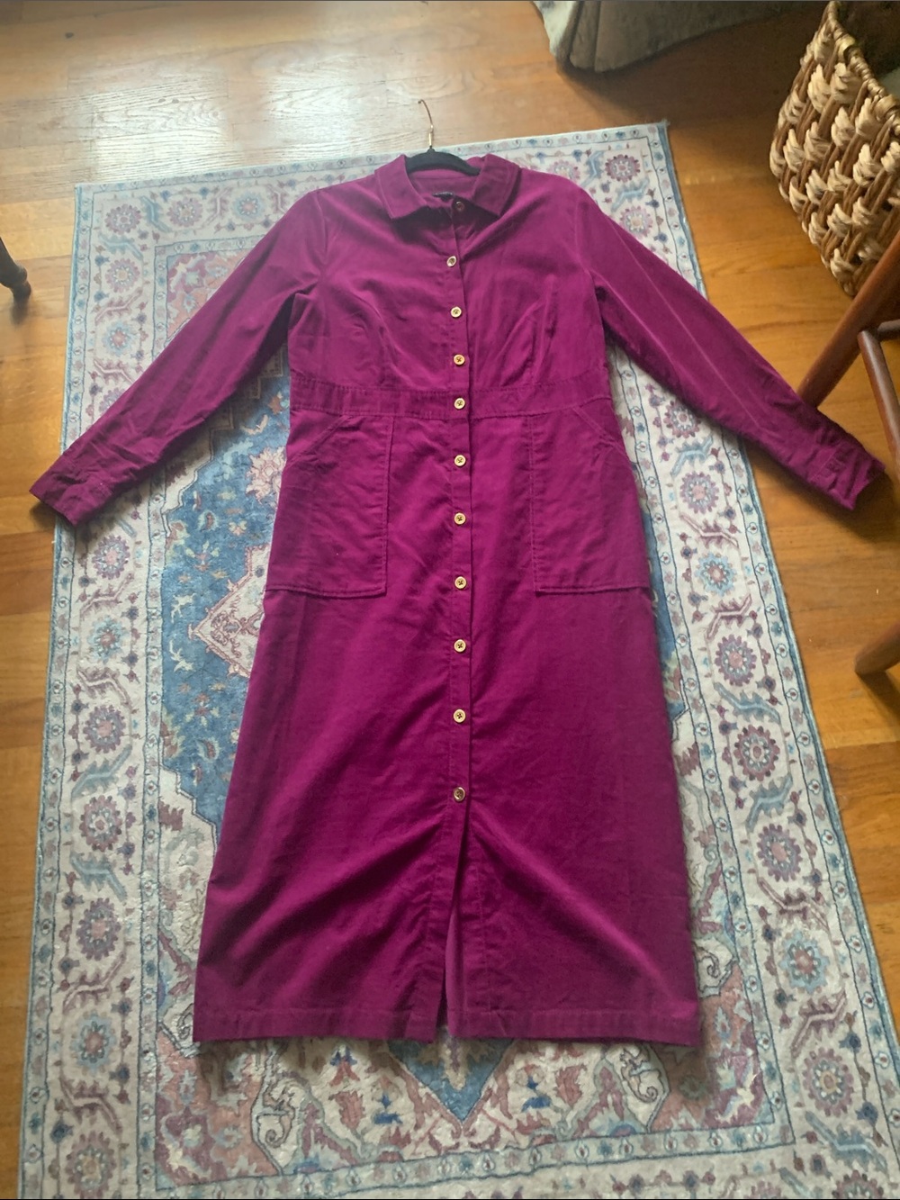 Talbots Long-Sleeve Corduroy Button-Front Midi Dress in Berry Plum